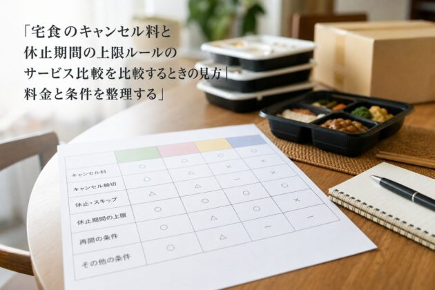 宅食のキャンセル料と休止期間の上限ルールのサービス比較を比較するときの見方|料金と条件を整理するのアイキャッチ画像