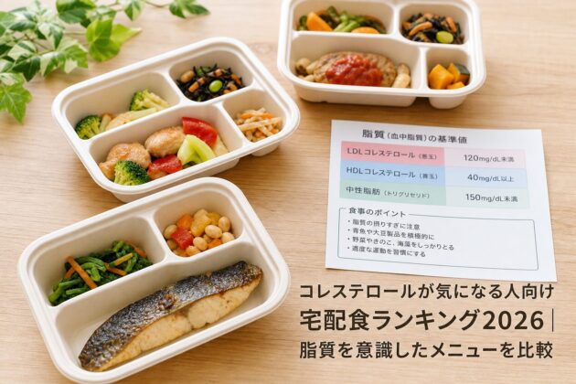 コレステロールが気になる人向け宅配食ランキング2026|脂質を意識したメニューを比較のアイキャッチ画像
