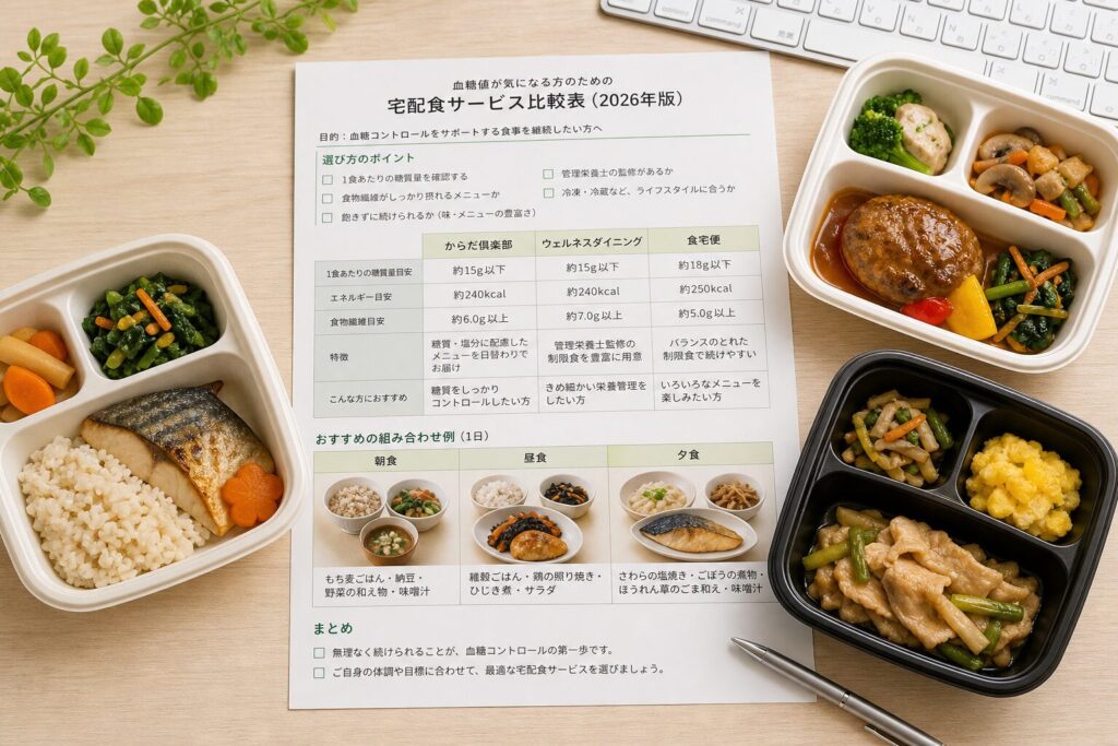 糖尿病・血糖値が気になる人向け宅配食比較2026｜からだ倶楽部・ウェルネスダイニング・食宅便のアイキャッチ画像