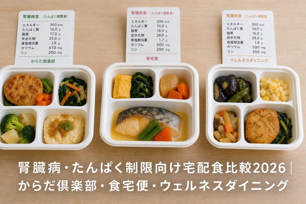 腎臓病・たんぱく制限向け宅配食比較2026｜からだ倶楽部・食宅便・ウェルネスダイニングのアイキャッチ画像