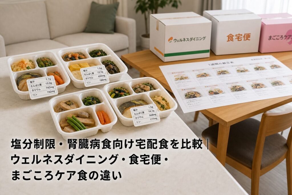 塩分制限・腎臓病食向け宅配食を比較｜ウェルネスダイニング・食宅便・まごころケア食の違いのアイキャッチ画像