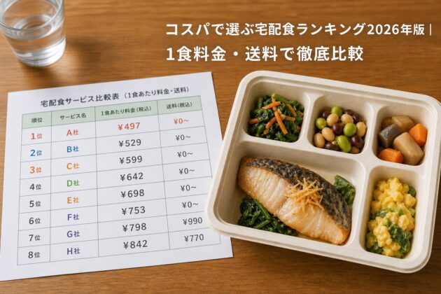コスパで選ぶ宅配食ランキング2026年版|1食料金・送料で徹底比較のアイキャッチ画像