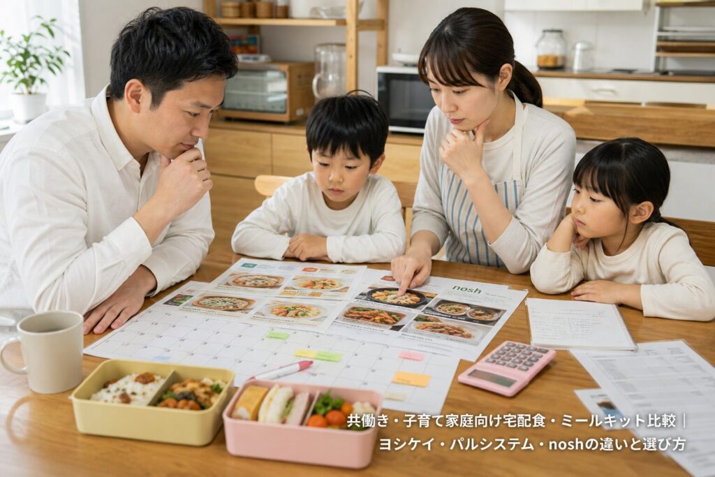 共働き・子育て家庭向け宅配食・ミールキット比較｜ヨシケイ・パルシステム・noshの違いと選び方のアイキャッチ画像