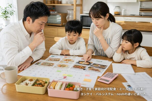 共働き・子育て家庭向け宅配食・ミールキット比較｜ヨシケイ・パルシステム・noshの違いと選び方のアイキャッチ画像